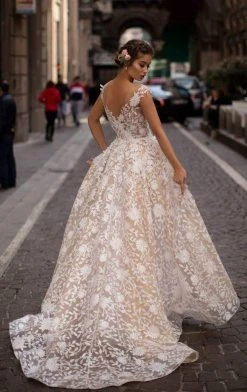 Tarik Ediz - 93613 Floral Lace Fitted Gown With Skirt Overlay