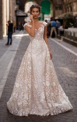 Tarik Ediz - 93613 Floral Lace Fitted Gown With Skirt Overlay