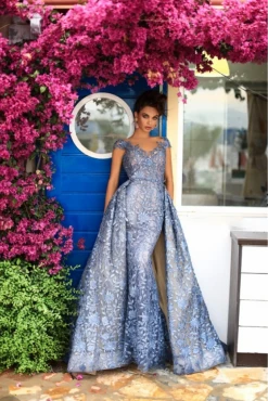 Tarik Ediz - 93613 Floral Lace Fitted Gown With Skirt Overlay