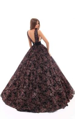 Tarik Ediz - 93641 Plunging Floral Lace Obi Ballgown
