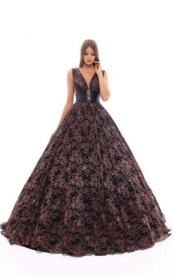 Tarik Ediz - 93641 Plunging Floral Lace Obi Ballgown