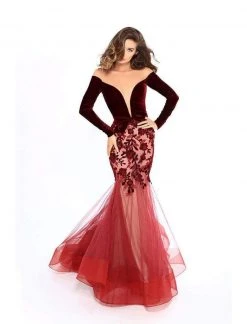 Tarik Ediz - 93657 Velvet Long Sleeve Floral Applique Mermaid Dress