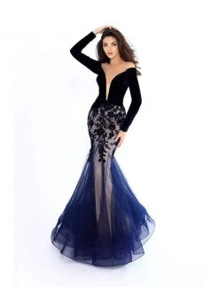 Tarik Ediz - 93657 Velvet Long Sleeve Floral Applique Mermaid Dress