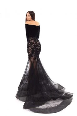 Tarik Ediz - 93657 Velvet Long Sleeve Floral Applique Mermaid Dress