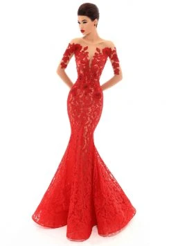 Tarik Ediz - 93670 Sequined Floral Applique Illusion Long Gown