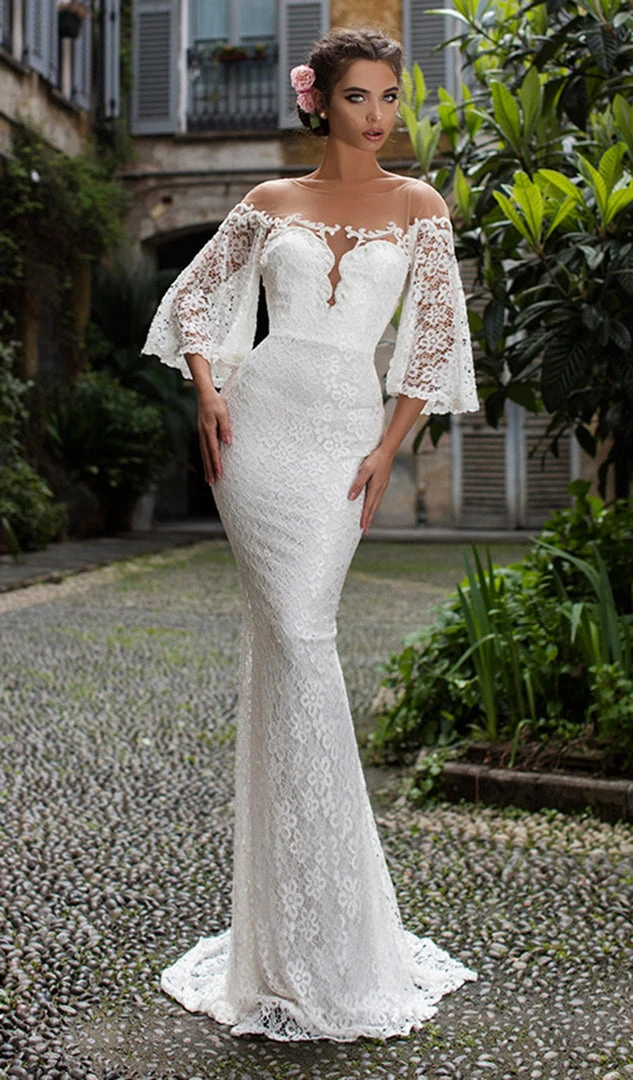 Formal Gowns Tarik Ediz - 93671 Lace Bat Sleeve Illusion Bateau Trumpet Dress 6 Formal Gowns Tarik Ediz - 93671 Lace Bat Sleeve Illusion Bateau Trumpet Dress