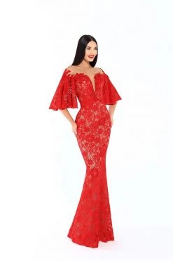 Formal Gowns Tarik Ediz - 93671 Lace Bat Sleeve Illusion Bateau Trumpet Dress 14 Formal Gowns Tarik Ediz - 93671 Lace Bat Sleeve Illusion Bateau Trumpet Dress