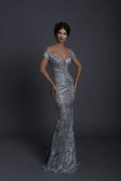 Tarik Ediz - 93680 Embroidered Plunging Off-Shoulder Sheath Dress Formal Gowns