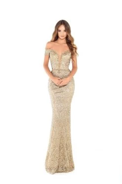 Tarik Ediz - 93680 Embroidered Plunging Off-Shoulder Sheath Dress Formal Gowns
