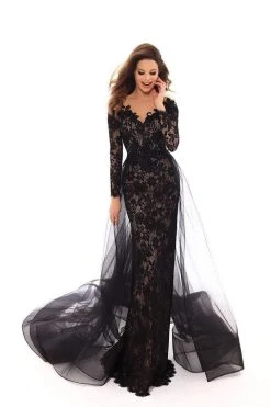 Tarik Ediz - 93685 Floral Lace Long Sleeves Gown With Overskirt