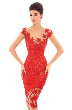 Plus Size Dresses Tarik Ediz - 93695 Floral Embroidered Illusion Bateau Fitted Dress