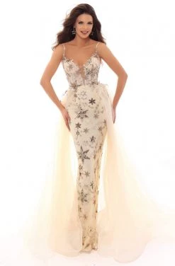 Tarik Ediz - 93701 Sequined Stars Deep V-neck Dress With Overskirt Formal Gowns