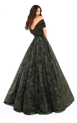 Tarik Ediz - 93712 Surplice Off Shoulder Glitter Floral Ballgown Formal Gowns