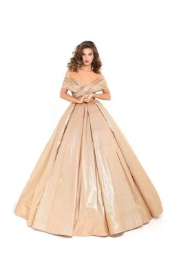 Tarik Ediz - 93730 Plunging Off-Shoulder Pleated Ballgown Formal Gowns