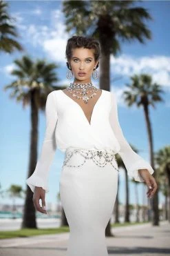 Formal Gowns Tarik Ediz - 93742 Embellished Deep V-neck Trumpet Dress