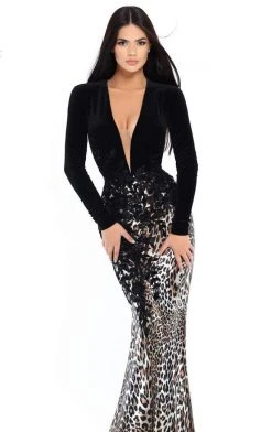 Tarik Ediz - 93747 Animal Printed Plunging Long Sleeves Dress