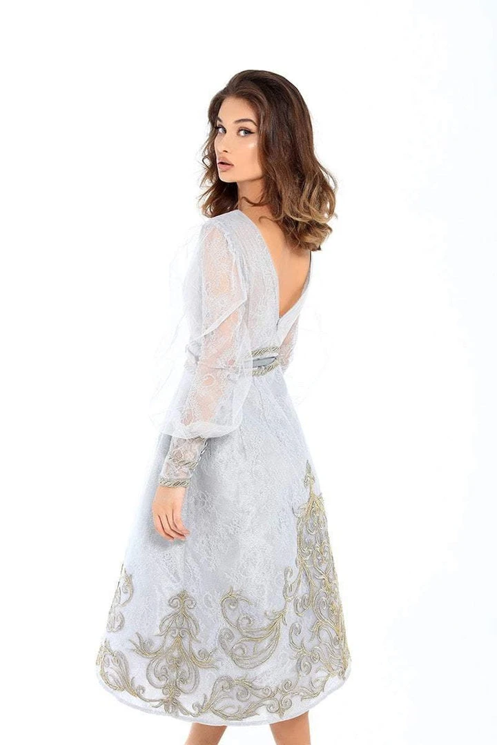 Tarik Ediz - 93753 Long Sleeves Plunging V-Neck Tea Length Dress Cocktail Dresses 5 Tarik Ediz - 93753 Long Sleeves Plunging V-Neck Tea Length Dress Cocktail Dresses