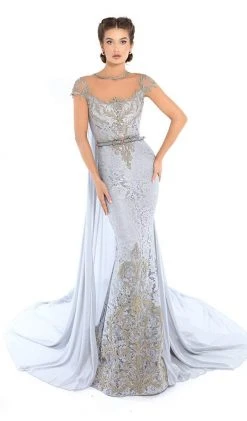 Tarik Ediz - 93757 Lace Embroidered Mermaid Dress With Cape-like Train