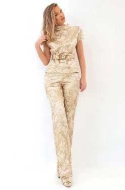Tarik Ediz - 93810 Short Sleeve High Neck Jumpsuit