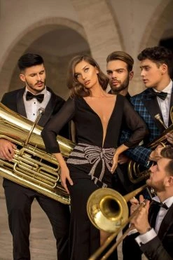 Formal Gowns Tarik Ediz - 93819 Illusion Deep V Neck Beaded Bow Accent Evening Gown