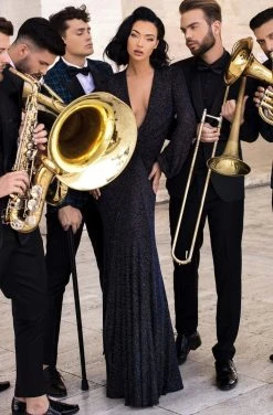 Formal Gowns Tarik Ediz - 93836 Long Sleeve Deep V-neck Trumpet Dress