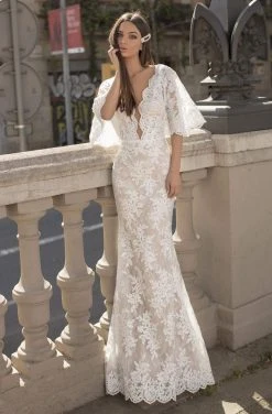 Tarik Ediz - 93837 Plunging V-Neck Lace Bell Sleeves Formal Gowns