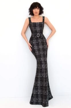 Tarik Ediz - 93850 Plaid Printed Square Neckline Dress With Bolero Formal Gowns