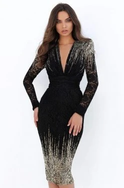 Tarik Ediz - 93862 Lace Long Sleeve Deep V-neck Sheath Dress Cocktail Dresses