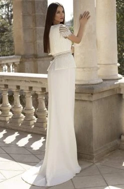 Tarik Ediz - 93864 V Neck Pearl Beaded Crepe Sheath Dress