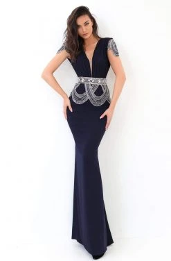 Formal Gowns Tarik Ediz - 93871 Ruched Plunging V-Neck Sheath Dress