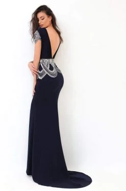 Formal Gowns Tarik Ediz - 93871 Ruched Plunging V-Neck Sheath Dress