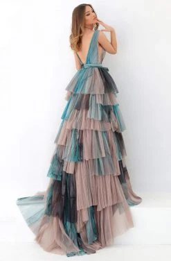 Tarik Ediz - 93896 Deep V-neck Layered A-line Dress Formal Gowns