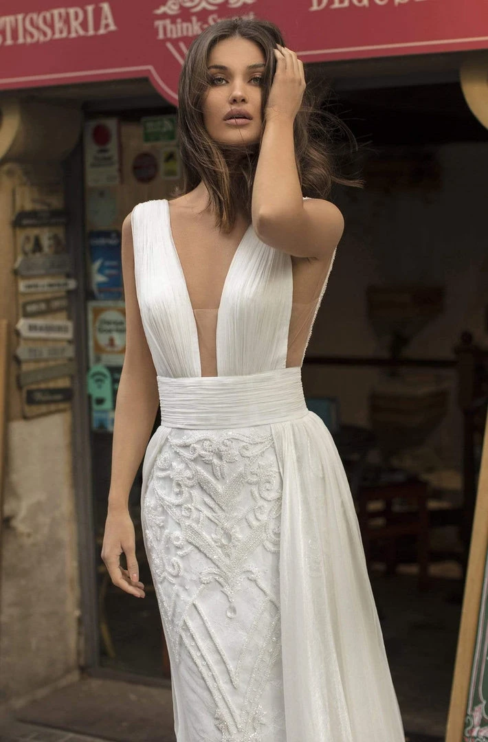 Tarik Ediz - 93913 Ruched Plunging V-Neck Dress With Overskirt 10 Tarik Ediz - 93913 Ruched Plunging V-Neck Dress With Overskirt