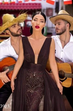 Tarik Ediz - 93913 Ruched Plunging V-Neck Dress With Overskirt 12 Tarik Ediz - 93913 Ruched Plunging V-Neck Dress With Overskirt