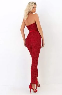 Plus Size Dresses Tarik Ediz - 93916 Strapless Lace Jumpsuit With Chiffon Overlay