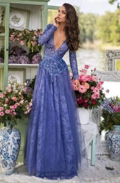 Tarik Ediz - 93931 Sexy V-Neck Lace A-Line Dress Formal Gowns