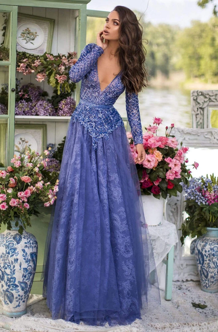 Tarik Ediz - 93931 Sexy V-Neck Lace A-Line Dress Formal Gowns 3 Tarik Ediz - 93931 Sexy V-Neck Lace A-Line Dress Formal Gowns