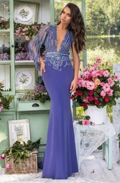 Tarik Ediz - 93935 Embellished Deep V-neck Sheath Dress Formal Gowns