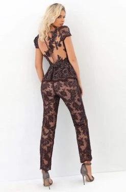 Tarik Ediz - 93937 Embellished Deep V-neck Pantsuit Plus Size Dresses