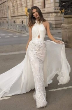 Tarik Ediz - 93947 Ruched Halter Sheath Dress With Overskirt