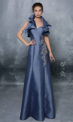 Tarik Ediz - Embellished And Ruffled A-line Gown 96024 - 1 Pc Marlin Blue In Size 6 Available