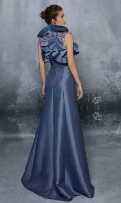 Tarik Ediz - Embellished And Ruffled A-line Gown 96024 - 1 Pc Marlin Blue In Size 6 Available