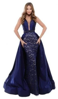 Tarik Ediz - Embellished Deep V-neck Lace Dress With Overskirt 50430 - 1 Pc Navy In Size 4 Available