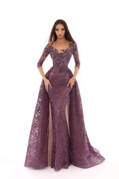 Formal Gowns Tarik Ediz - Embroidered Illusion Neck Dress With Overskirt 93633 - 1 Pc Lavender In Size 8 Available