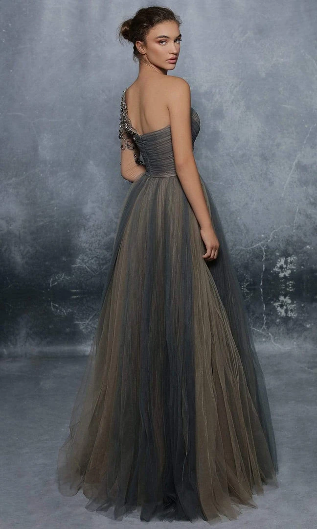 Formal Gowns Tarik Ediz - Embroidered Tulle Single Sleeve Ballgown 96001 4 Formal Gowns Tarik Ediz - Embroidered Tulle Single Sleeve Ballgown 96001