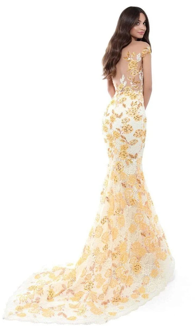 Tarik Ediz - Floral Lace Cap Sleeve Mermaid Gown With Train 50493 - 1 Pc Yellow In Size 6 Available Formal Gowns 6 Tarik Ediz - Floral Lace Cap Sleeve Mermaid Gown With Train 50493 - 1 Pc Yellow In Size 6 Available Formal Gowns
