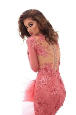 Tarik Ediz - Floral Lace V-Neck Ruffled Evening Dress 93716 - 1 Pc Dark Rose In Size 6 Available Formal Gowns