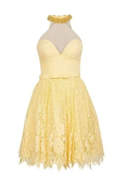 Cocktail Dresses Tarik Ediz - Lace Illusion Halter Neck Dress 50082