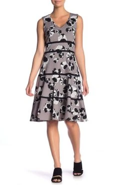 Taylor - 1169M Floral Print V Neck Sleeveless Crepe Dress Cocktail Dresses