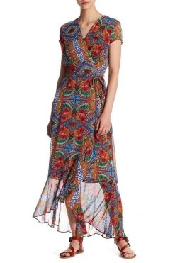 Taylor - 9045MJ Abstract Chiffon Wrap Dress